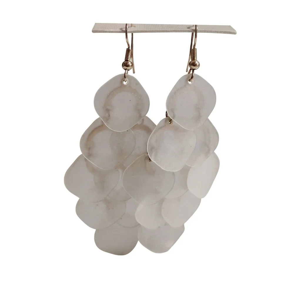 White Capiz Shell Dangle Earrings Iridescent Mother of Pearl Coastal Boho Drop - Picture 2 of 3